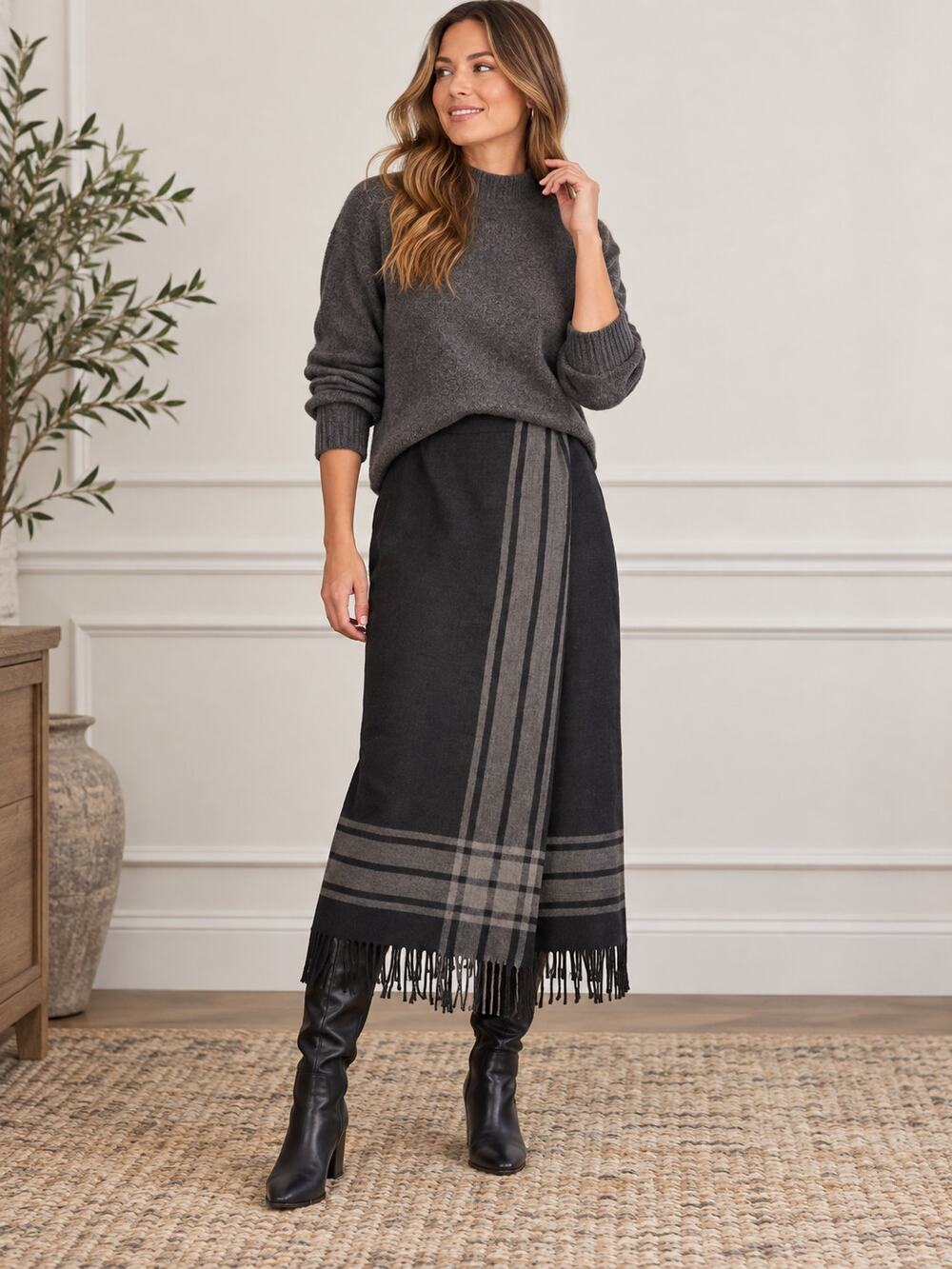Valerie Stevens Vintage Petite SZ 12P 100% Wool Wrap Skirt Fringe Black Gray